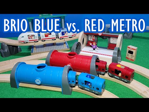 Wooden Trains BRIO Blue Metro City Train Set versus Red Metro Railway Set Wooden