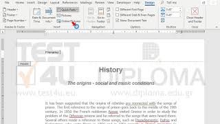 There is a header in the current document. Insert a field displaying the document name in Title...