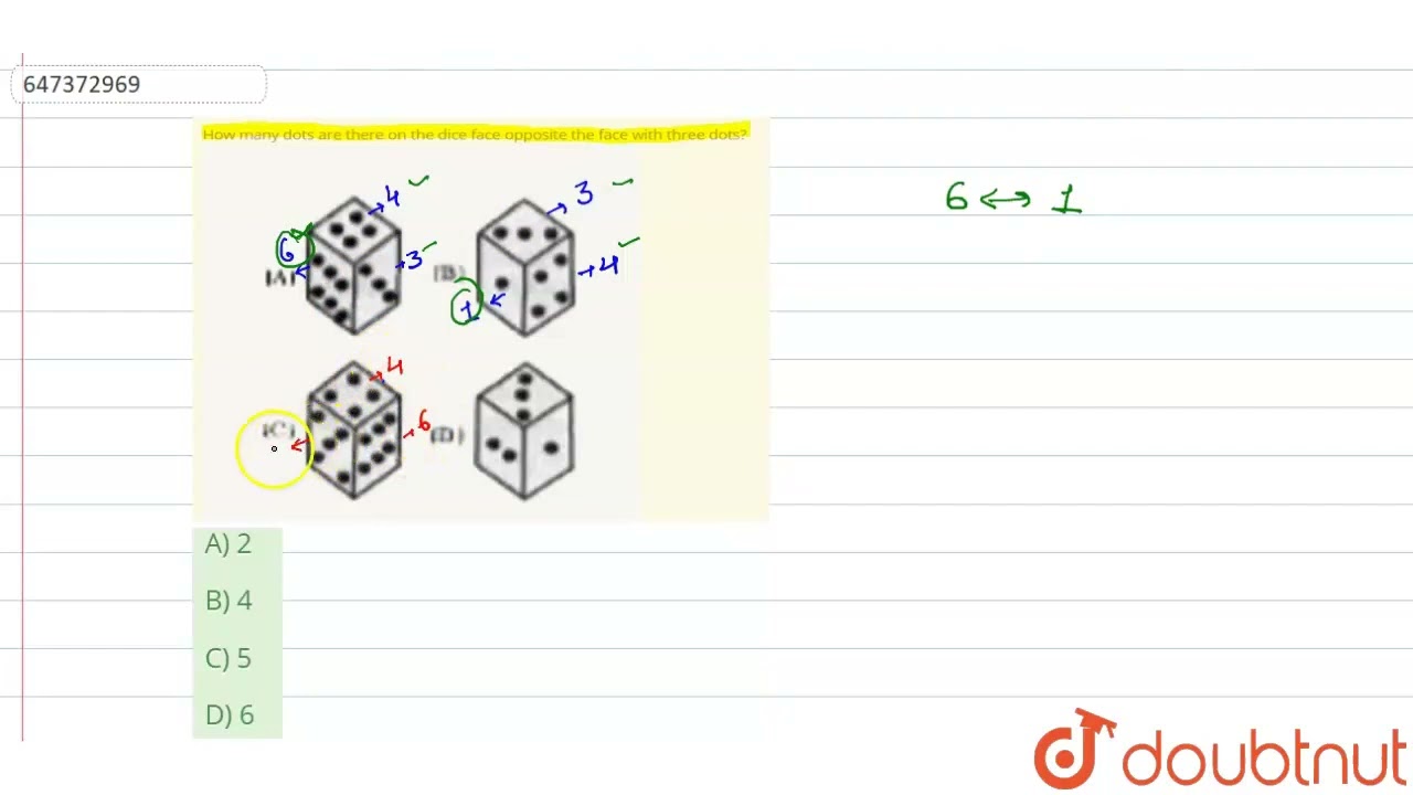 How many dots are there on the dice face opposite the face with three dots? | CLASS 14 | CUBES A...