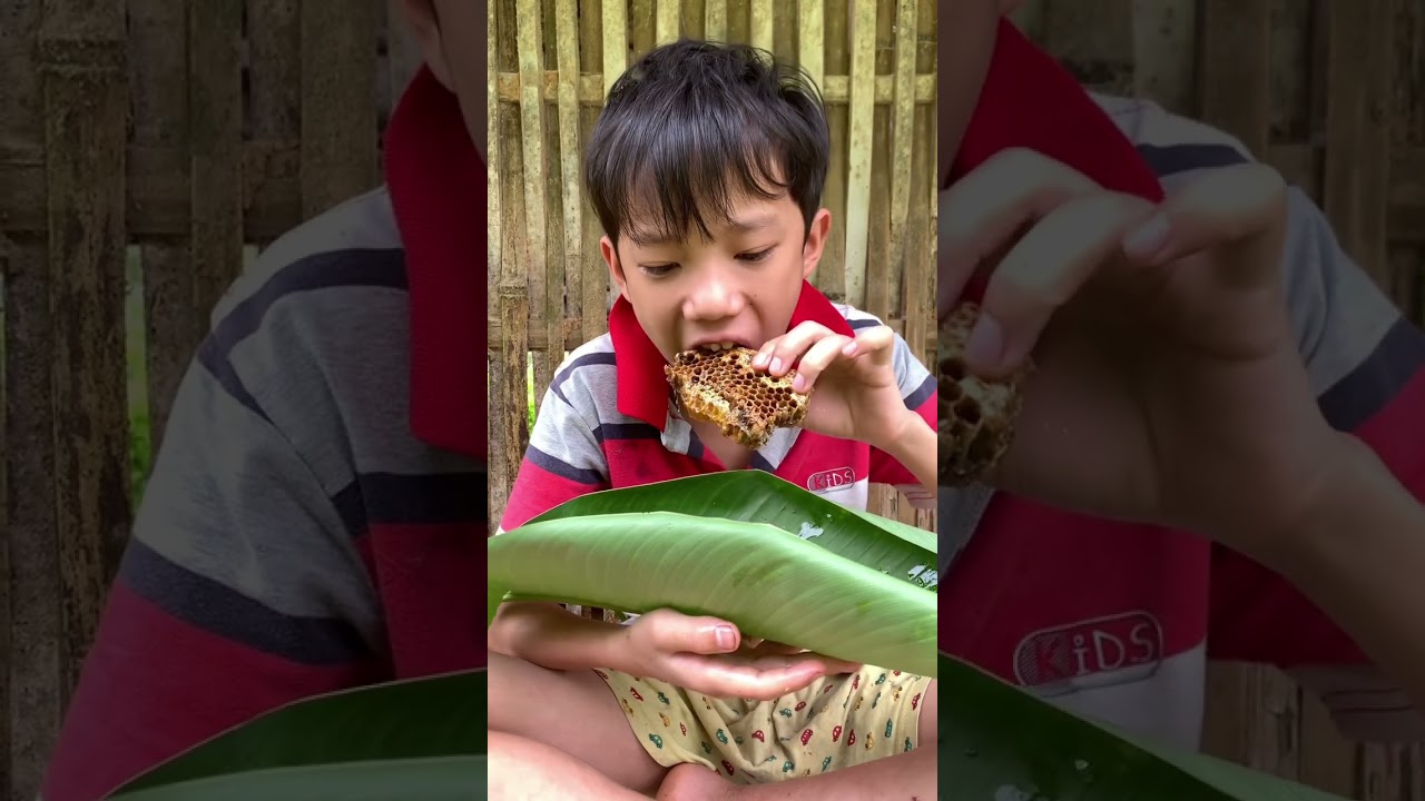 The boy is eating delicious honey 🍯 🐝 
