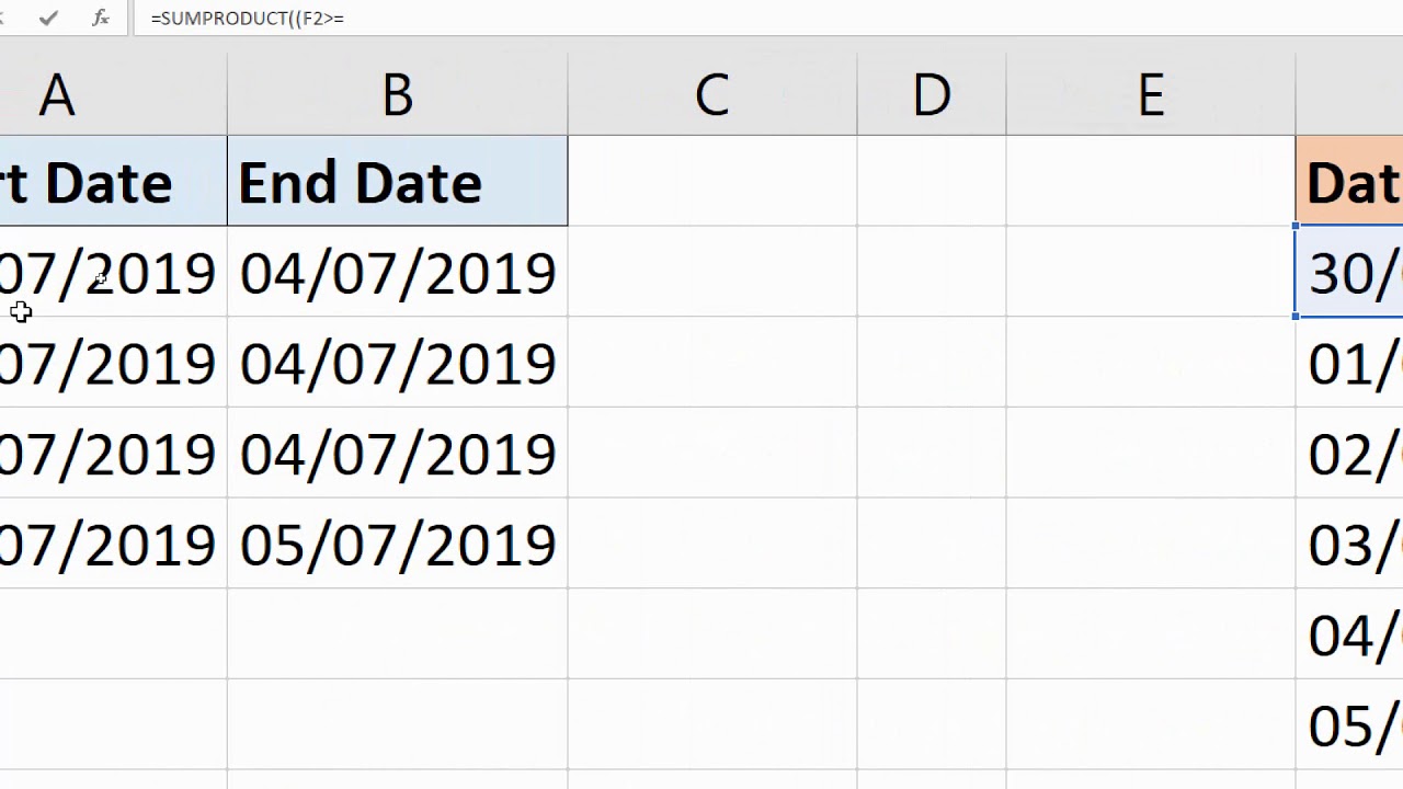 Count Occurrences of a Date in Date Ranges Excel Formula YouTube