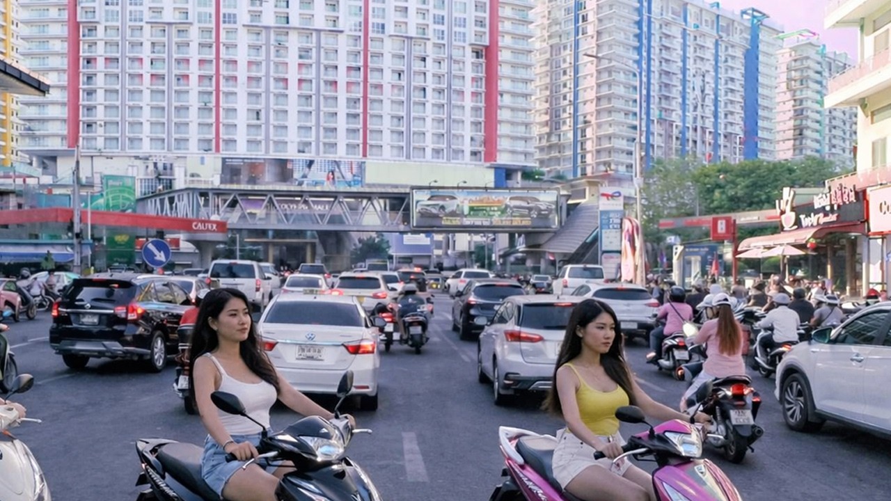 The overall view shows daily life in a developed city with active traffic  2026