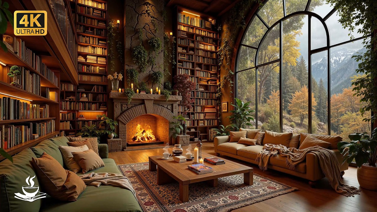 Rainy Library Jazz with Panoramic Forest Window | Literary Escape, Reading Ritual & Calm Focus