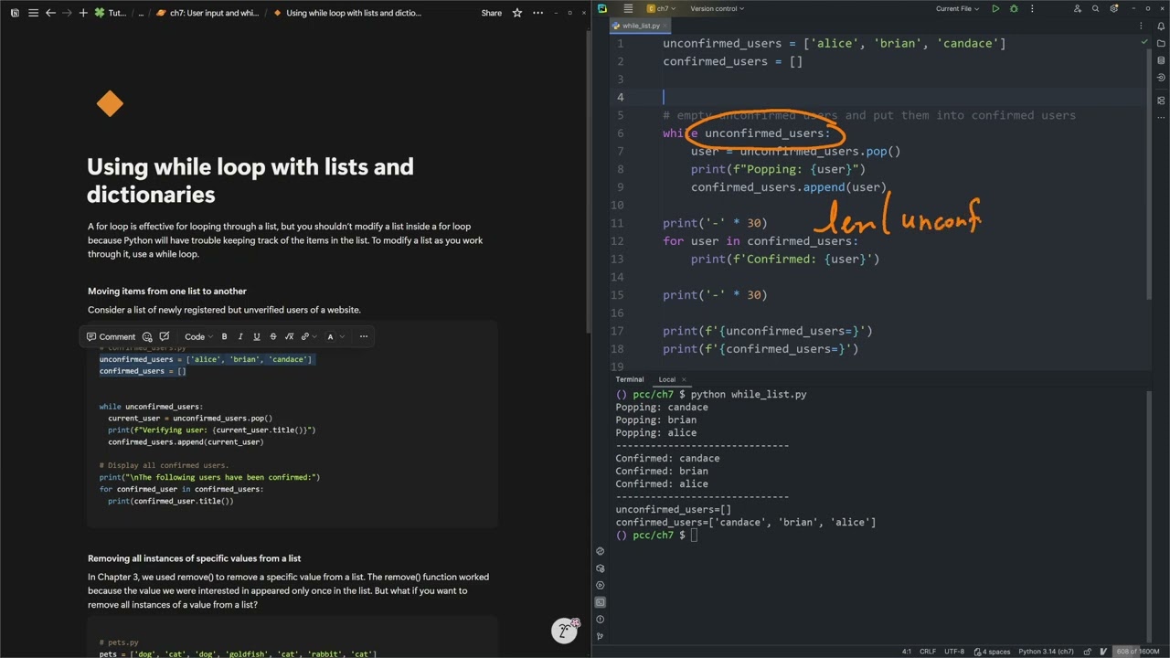 Python Crash Course 20: using while loops with a list
