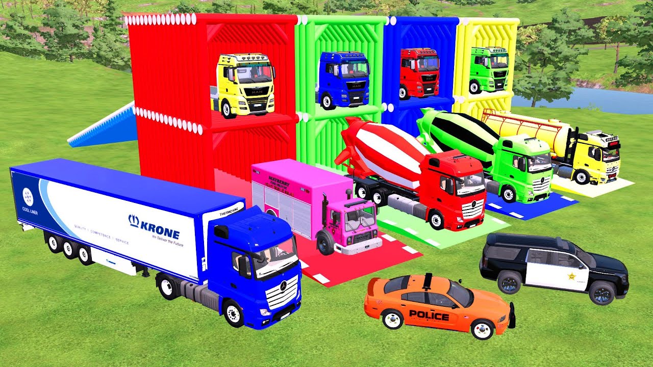 ТРАНСПОРТИРОВКА ЦВЕТНОГО КОНТЕЙНЕРА, АВТОБЕТОНОМЕШАЛКИ, ГРУЗОВИКА KARA, ПОЛИЦЕЙСКИХ МАШИН MERCY, ...