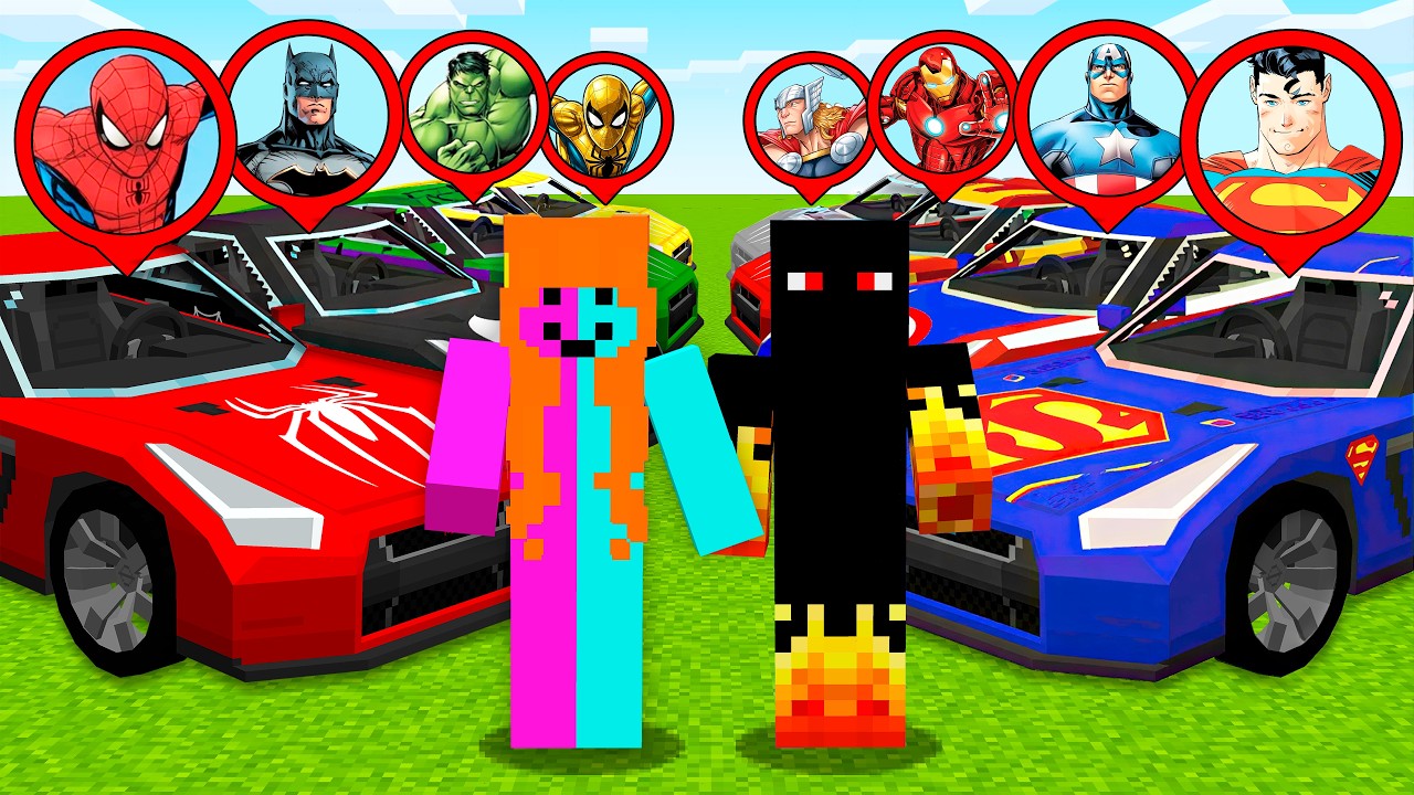 PEGUEI SUPER CARROS de HERÓIS no MINECRAFT