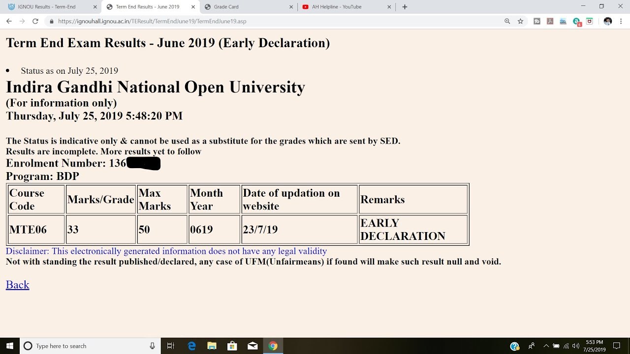 IGNOU PUBLISH FINAL UPDATE OF JUNE 2019 EXAM  EARLY DECLARATION RESULT PUBLISHED [CHECK YOUR RESULT]