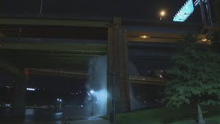Water main break beneath Fort Duquesne Bridge