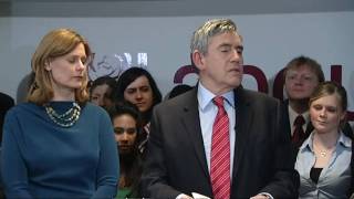 Gordon Brown thanks supporters at Labour HQ