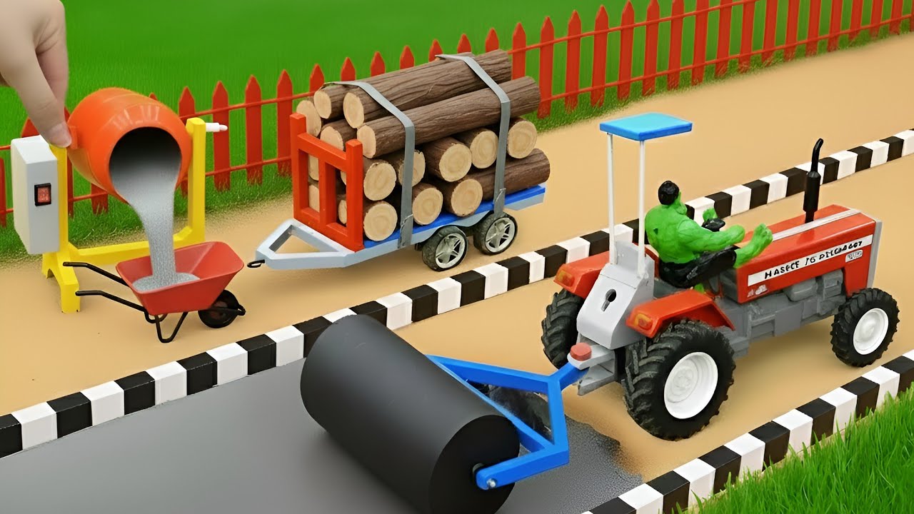 DIY Mini Tractor Builds Concrete Road Using RC Road Roller | Village Science Project 