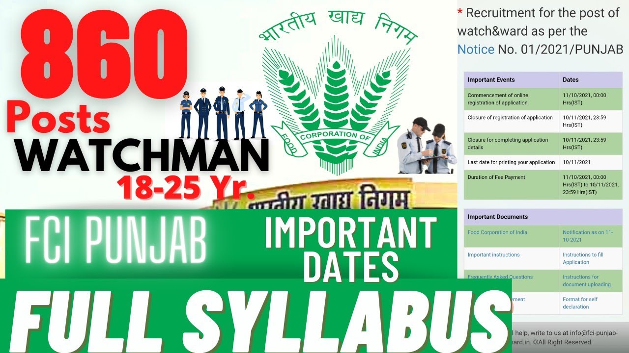 FCI Punjab 860 Posts, Complete Syllabus, Important Dates 