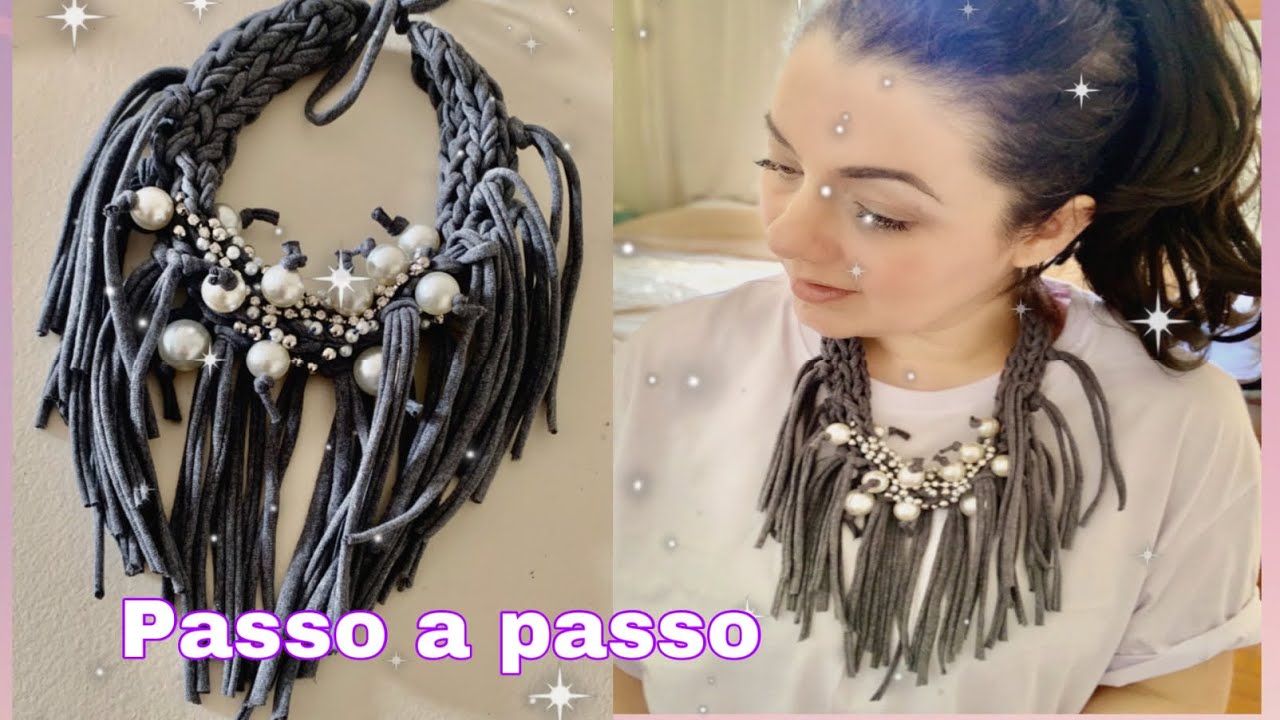 PASSO A PASSO colar de fio de malha com pérolas e franjas 🧶