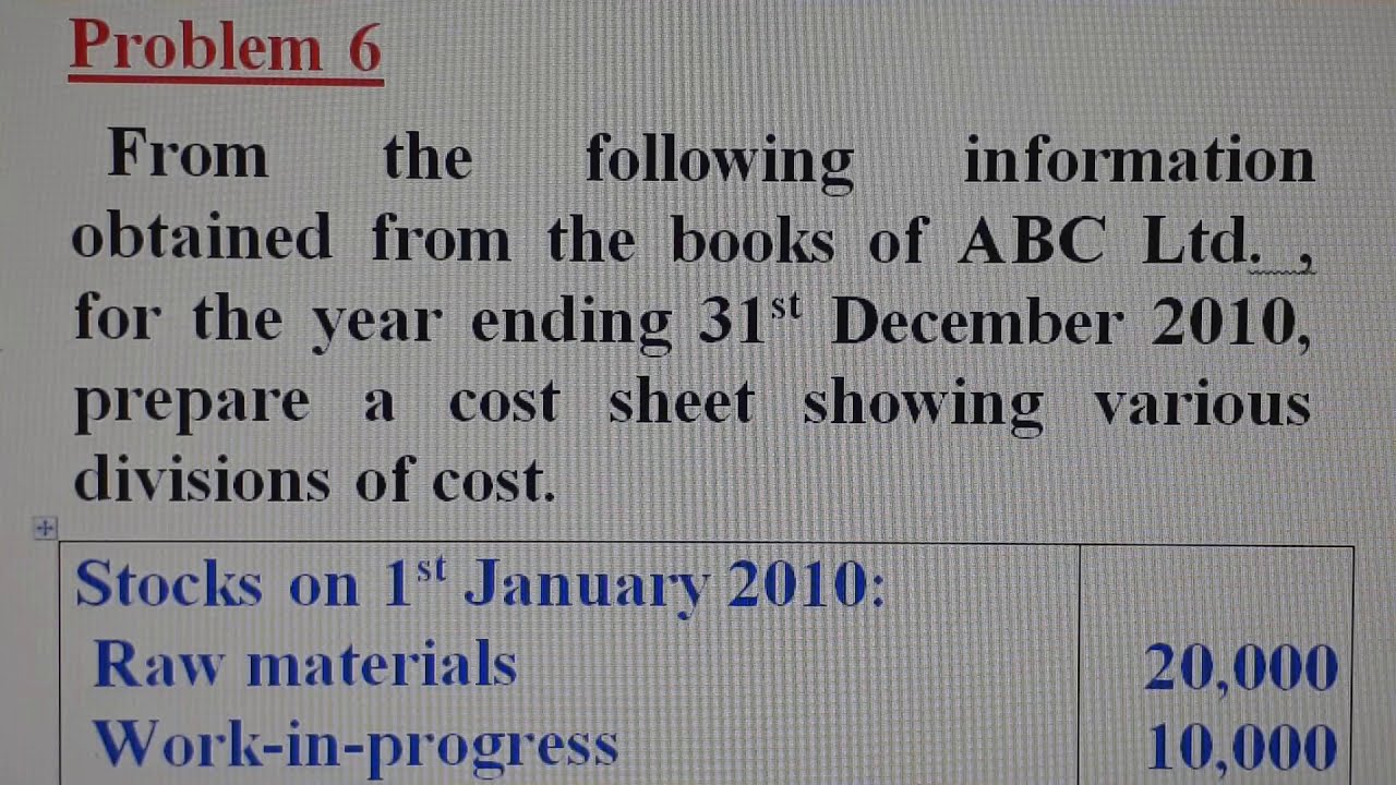 Cost Sheet - Problem - 6 - YouTube