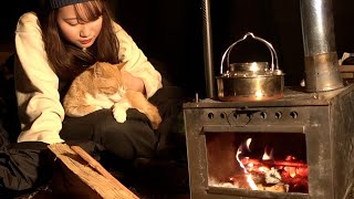 【ソロキャンプ】寒い雨の中､野良猫が薪ストーブに温まりにきた。