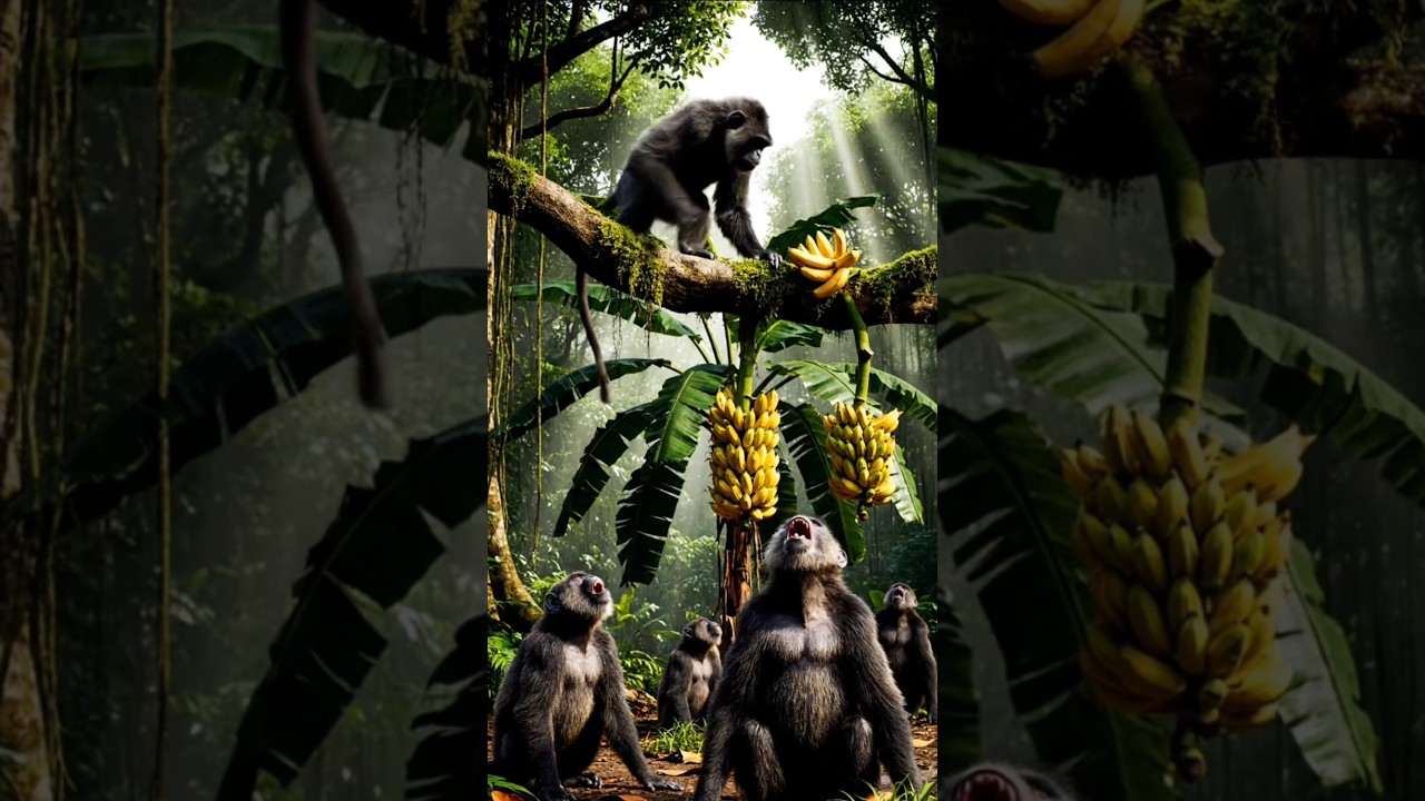 Hungry Monkeys Fighting for Bananas in a Dense Jungle | Realistic Wildlife Scene 