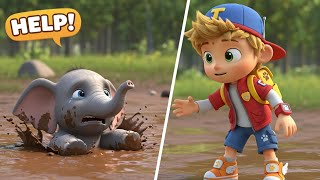 Toby Saves A Baby Elephant Stuck In Mud - Animal Rescue Cartoons For Kids