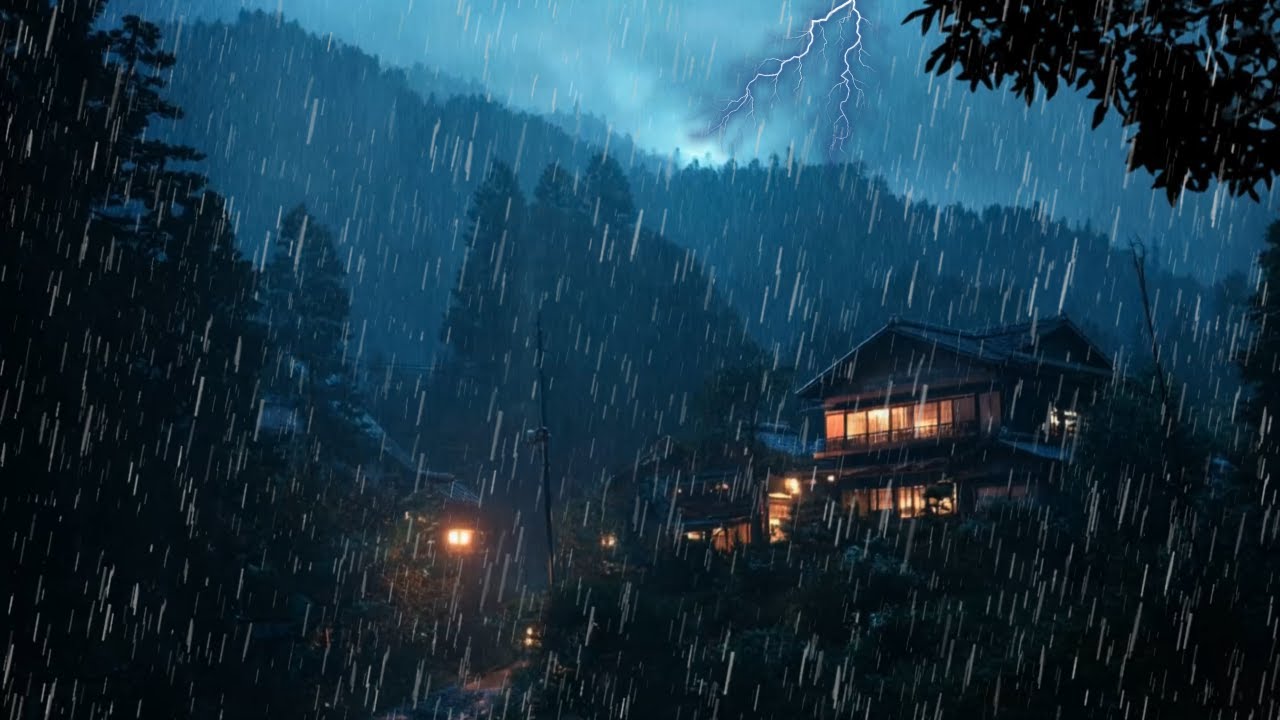 Heavy Night Rain in Serene Mountain Village for Stress Relief | Cozy Sleep Sounds
