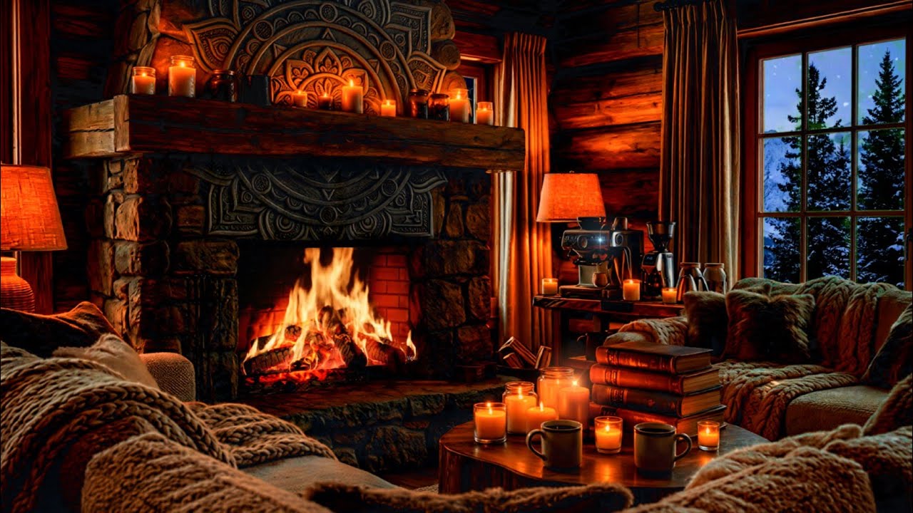 Winter Fireplace Coffee Shop & Smooth Jazz Music For Stress Relief, Sleep, & Focus 