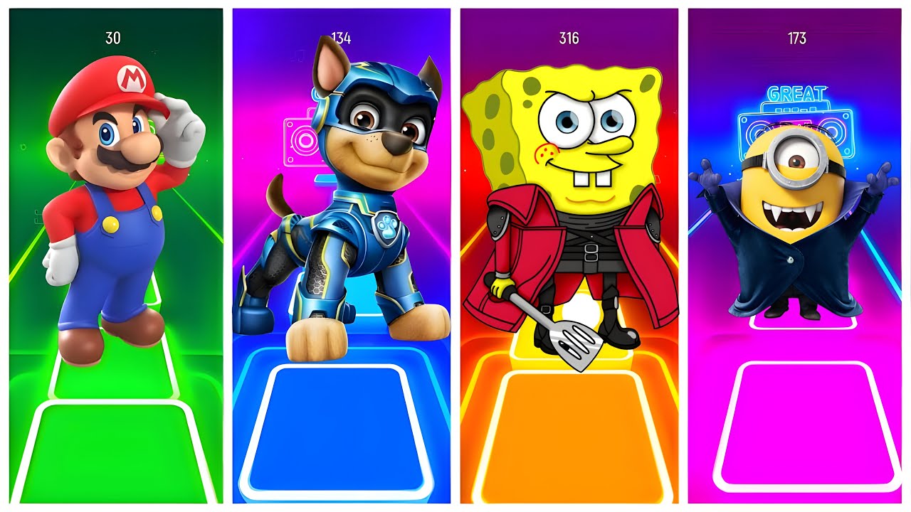 Mario 🆚 Paw Patrol 🆚 SpongeBob 🆚 Minions in Tiles Hop EDM Rush🎶