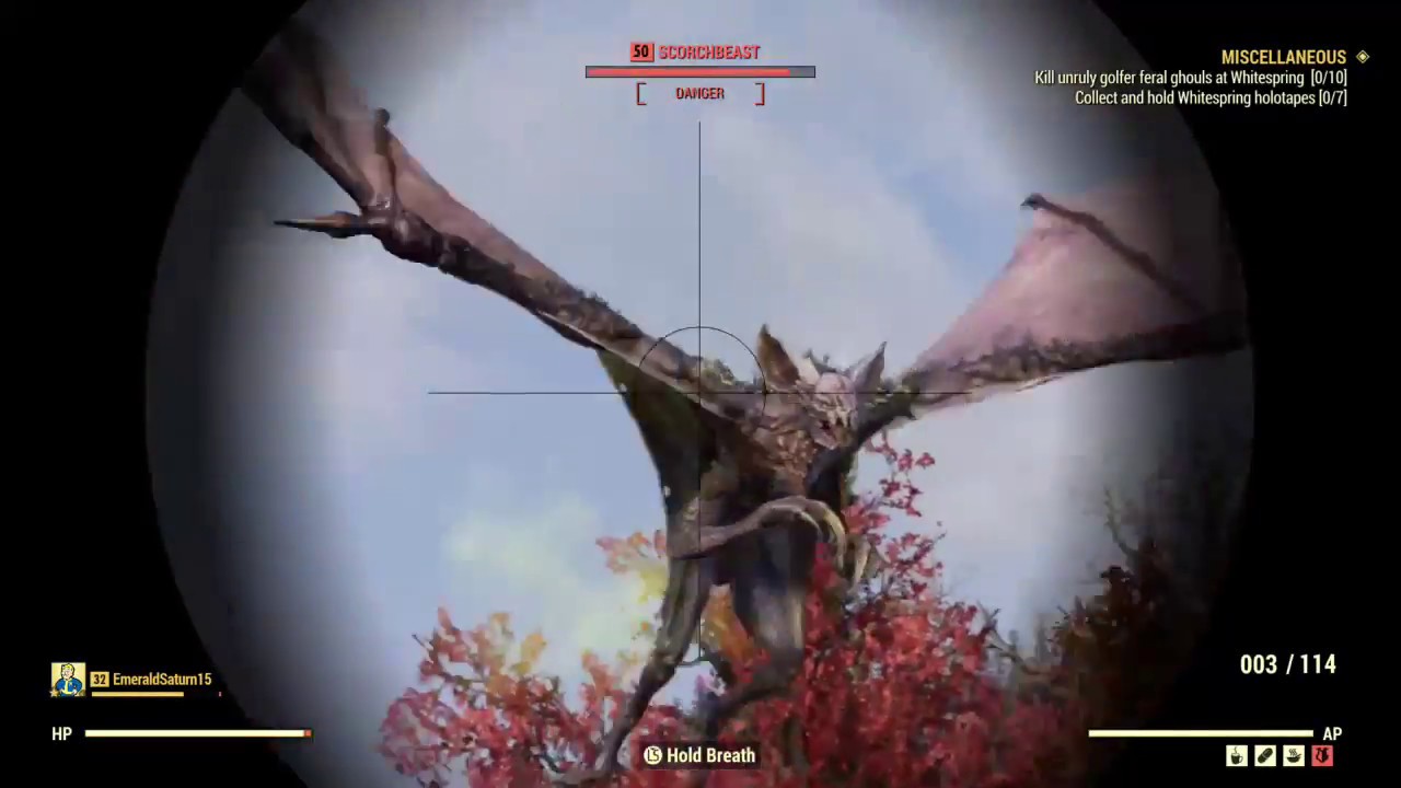 Two Scorchbeasts vs. Whitespring Resort robots — Fallout 76 beta