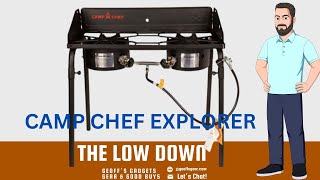 Camp Chef Explorer two burner stove with quick connect propane hose and fittings