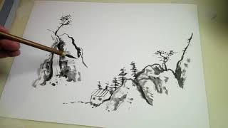 Japanese sumie ink painting scene