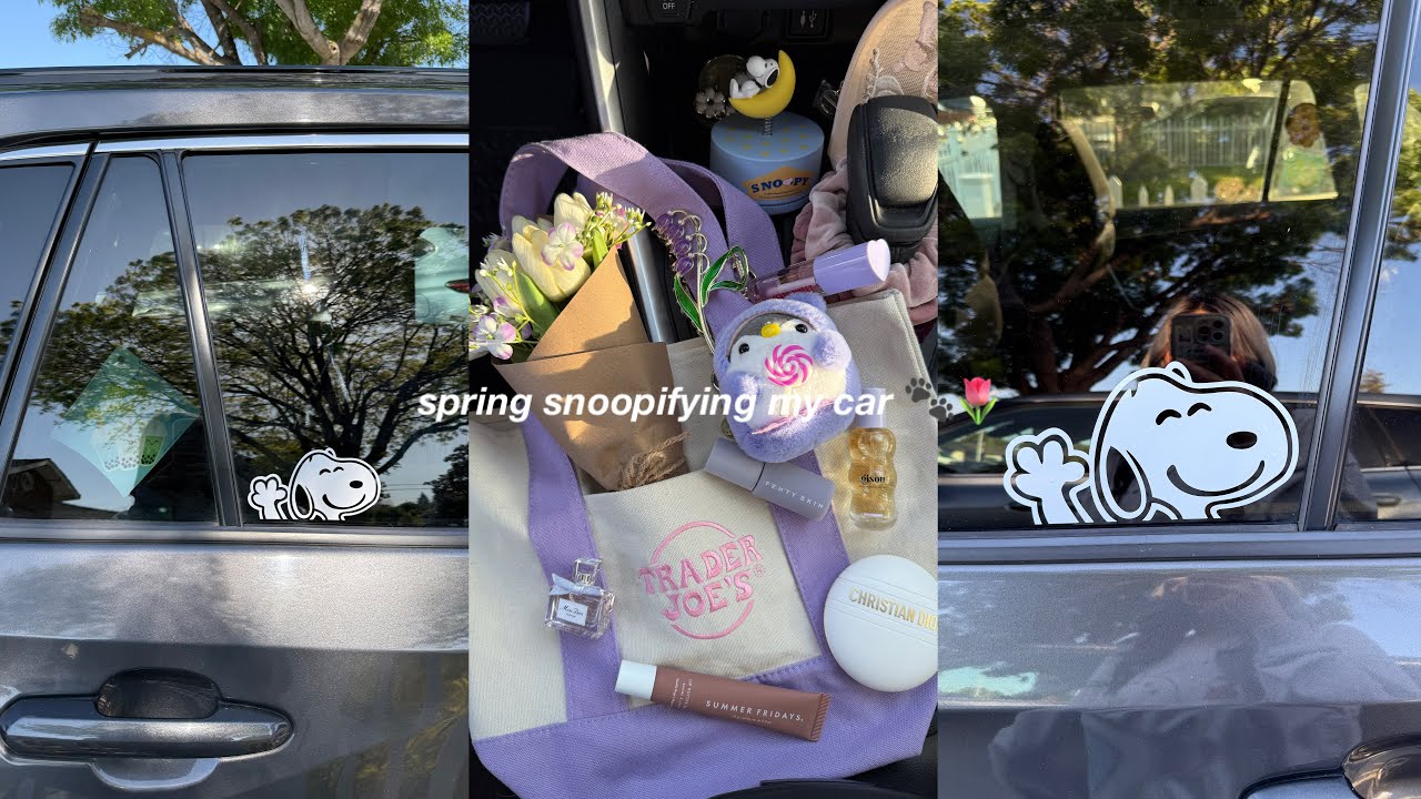 spring snoopify my car w/ me! essentials in my car + snoopy themed car tour 🐾🌷