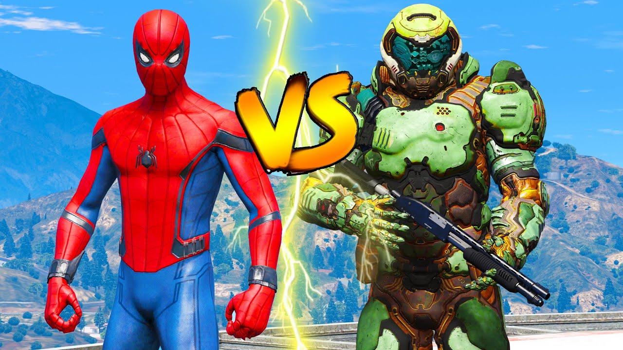 Gta 5 Doom Slayer Attacking City Spiderman Vs Doomguy Epic Battle Youtube