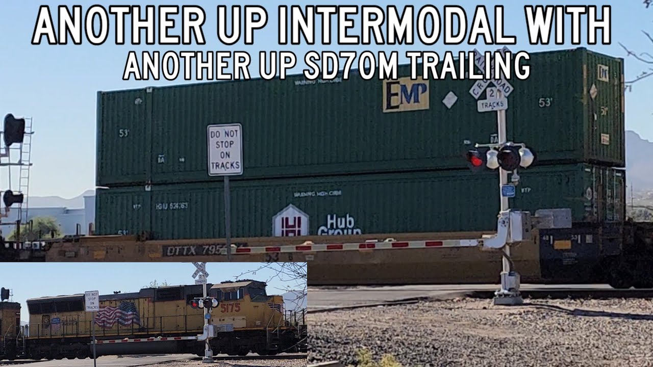 UP 7773 Intermodal Train With SD70M Trailing, Joiner Road Railroad Crossing, Marana, AZ