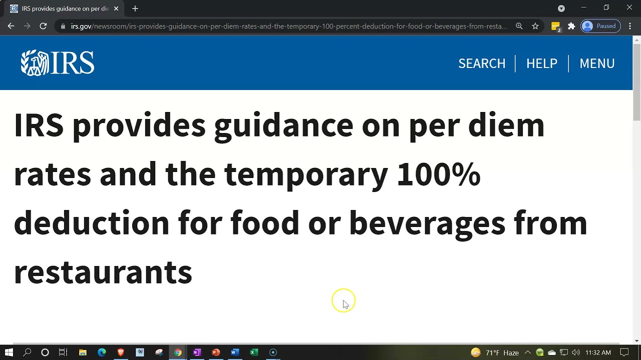Guidance on per diem rates and the temporary 100 deduction for food or
