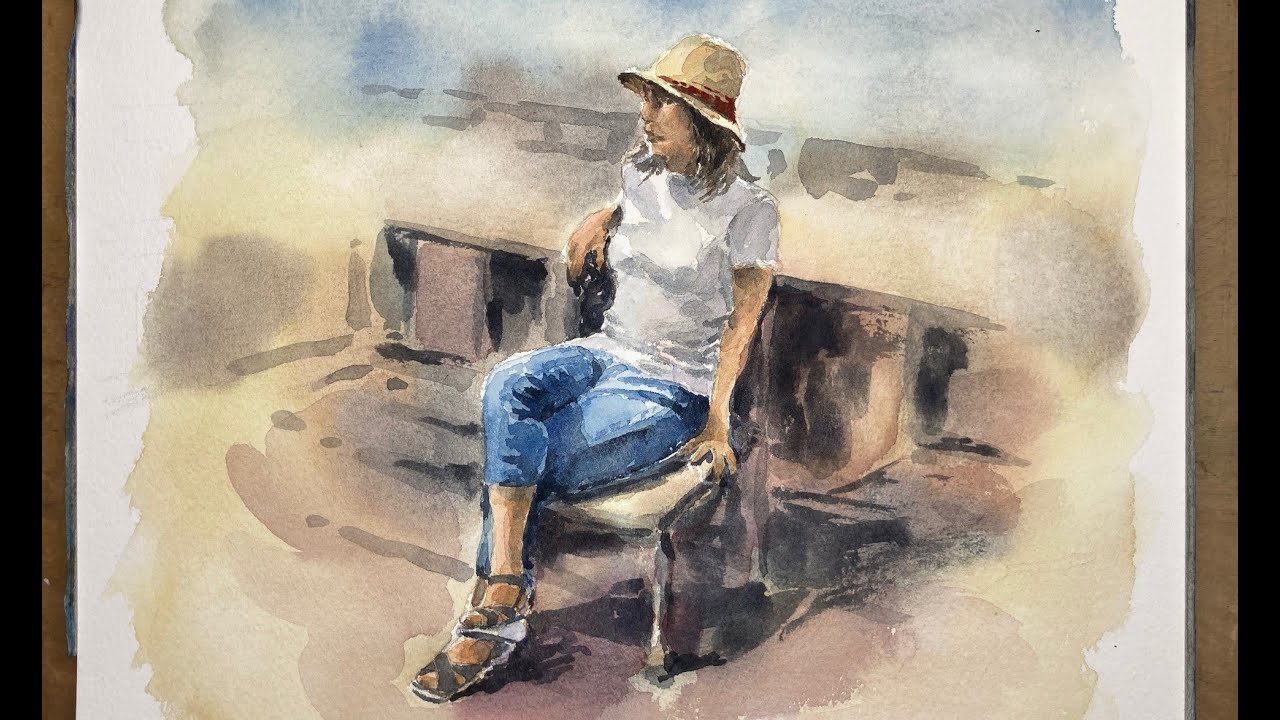水彩画 人物画 麦わら帽子の女性 Watercolor - YouTube