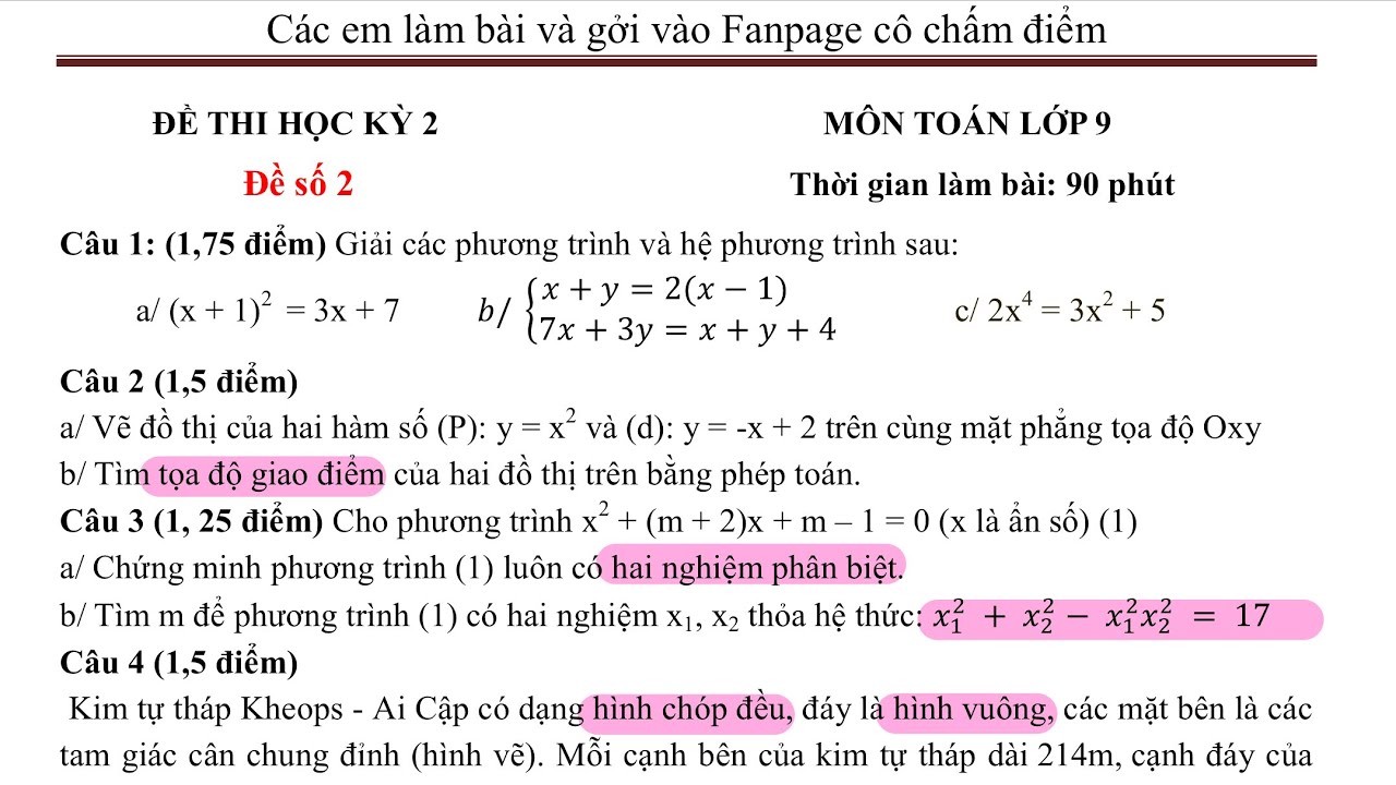 Đề thi toán lớp 9 học kì 2 năm 2019 | Toán 9 – Đề 02 – Giải đề thi Cuối Kỳ 2 môn Toán lớp 9 năm học 2019 – 2020