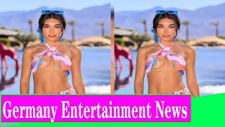 Chantel Jeffries bares her abs in a skimpy criss cross minidress before wowing in a tiny orange biki