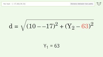Find the distance between two points p1 (-17,63) and p2 (10,54): Step-by-Step Video Solution