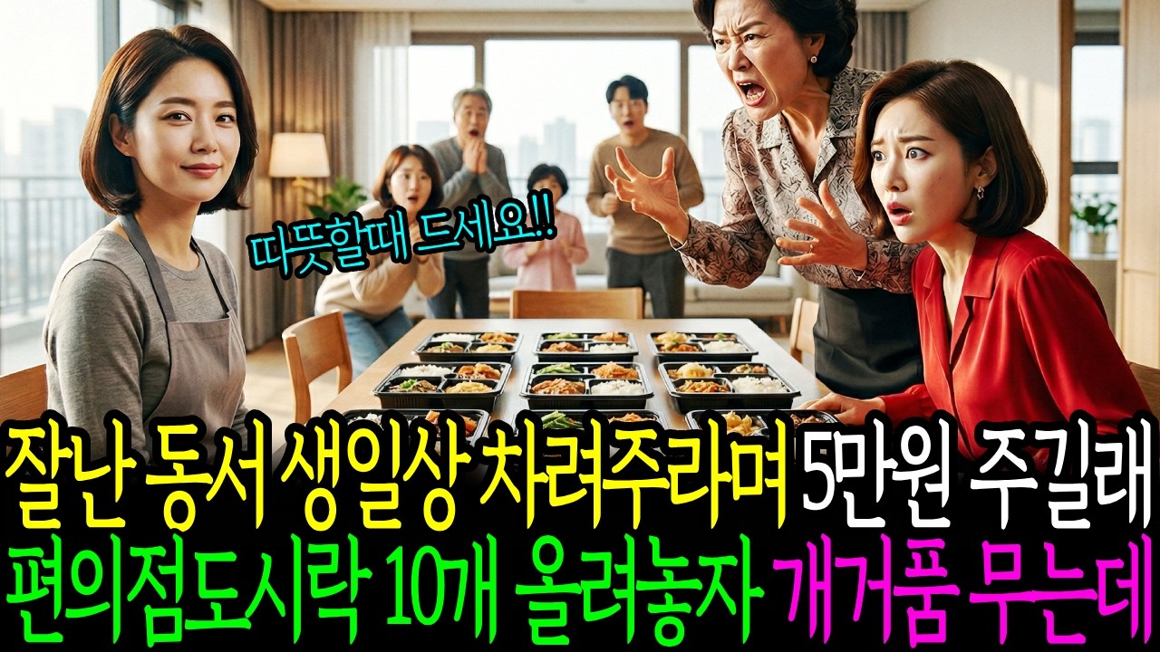 잘난 동서 생일상 차려주라며 시어머니가 5만원 주길래 편의점도시락 10개로 상을 차리자 시어머니,동서 개거품 무는데 |인생사연|오디오북|노후사연|