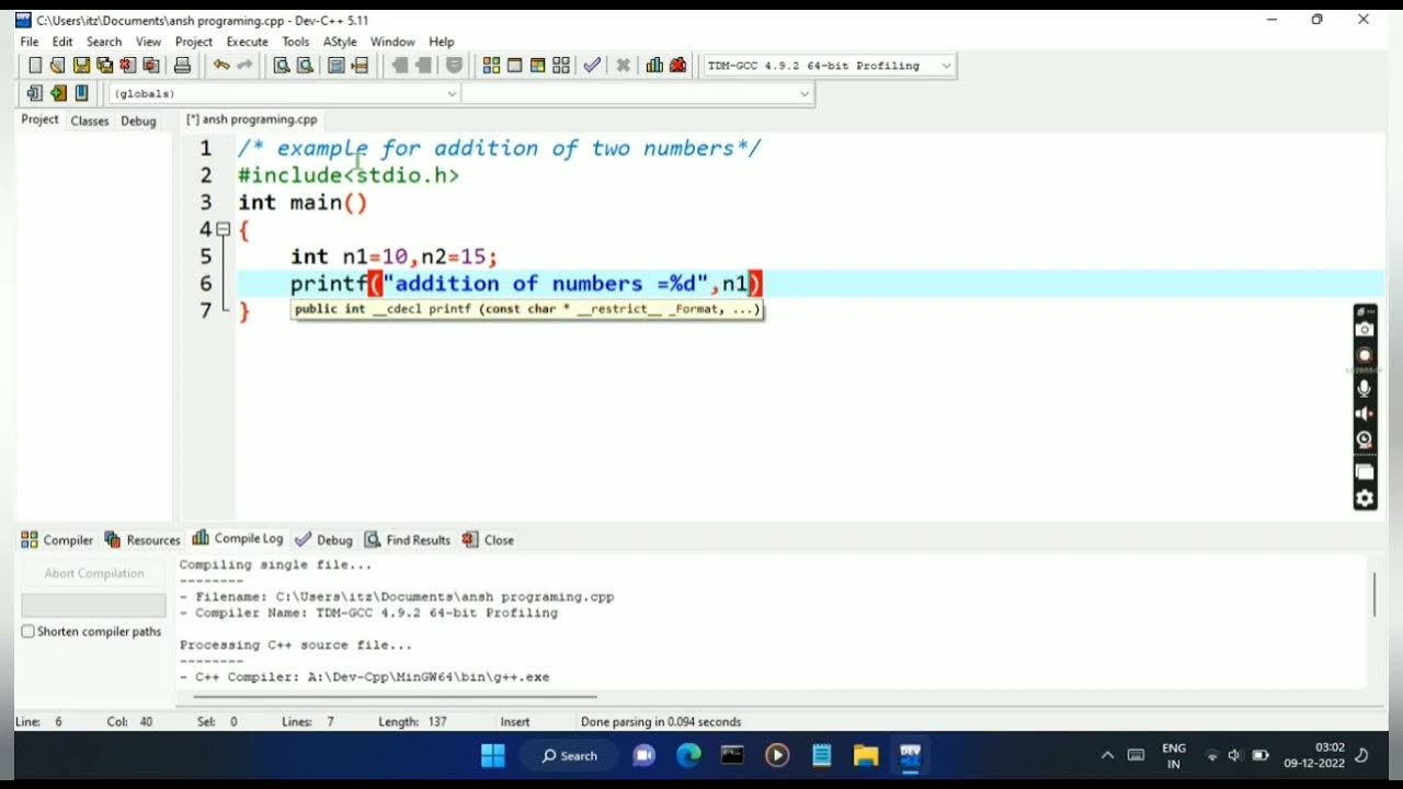 Basic Codes For C-Programing ( addition program) #ansh programing #2 ...