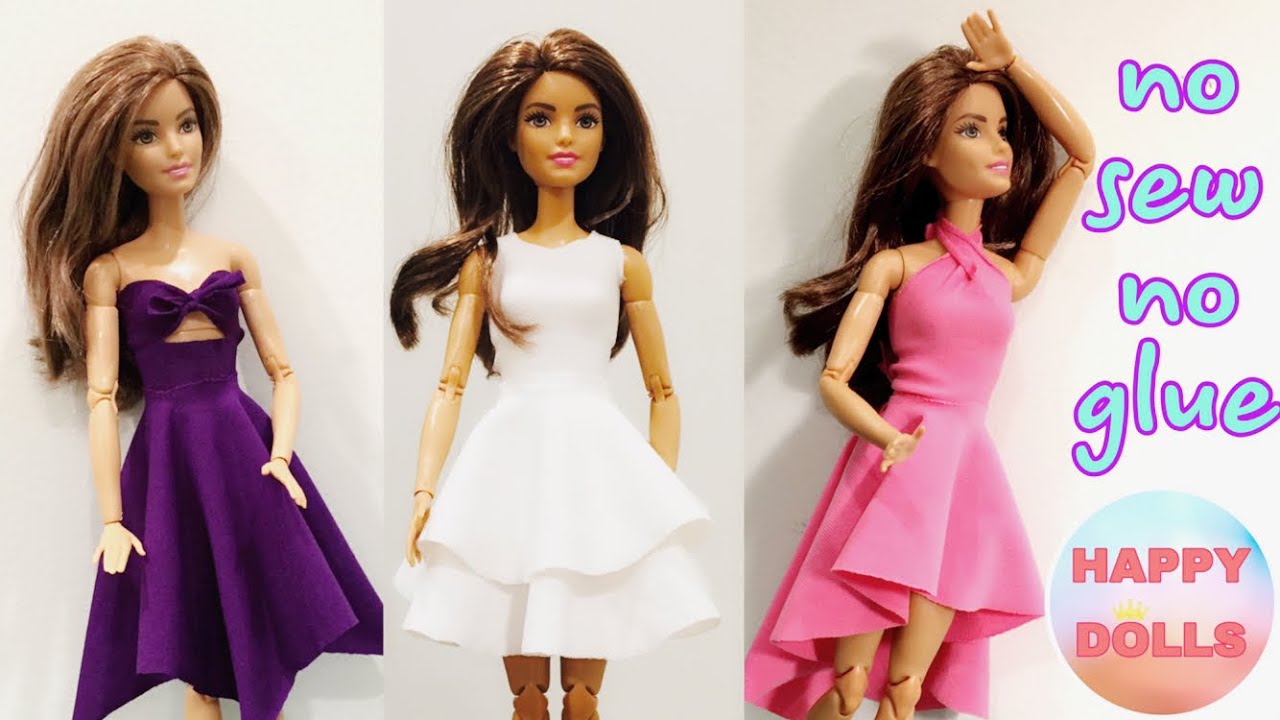 3 DIY NO SEW NO GLUE Doll Dresses, How to Make Barbie Dress Easy