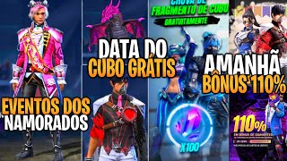 DATA DO CUBO MÁGICO DE GRAÇA, BÔNUS 110% DE RECARGA AMANHÃ E SKINS DO EVENTO NOVIDADES FREE FIRE