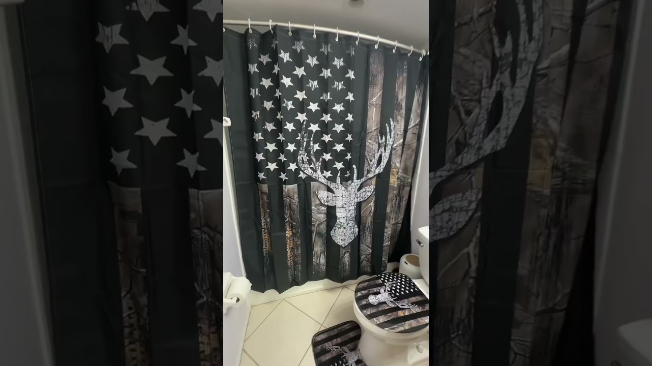 American flag camouflage deer head shower curtain set perfect for a cabin or guys bathroom 