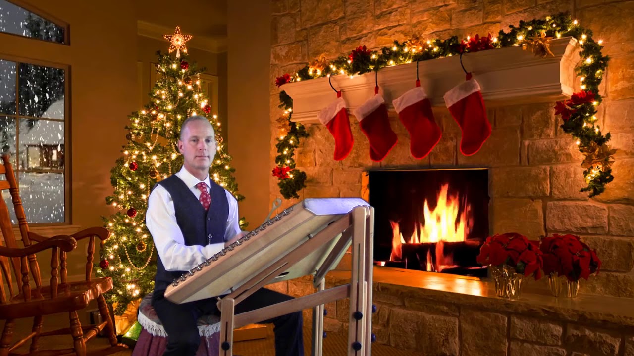 Christmas hammered dulcimer by the fireplace, performed by Scott