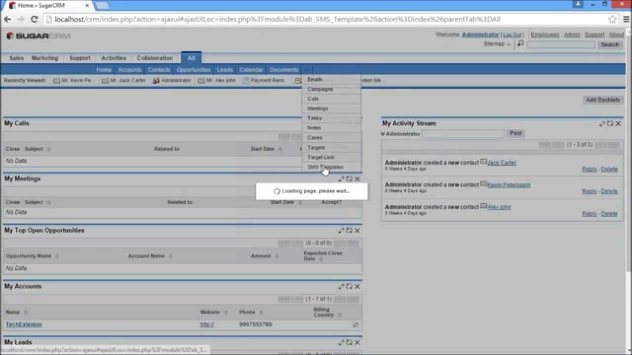 SUGARCRM Modules SUGARCRM SMS integration functions demonstration by