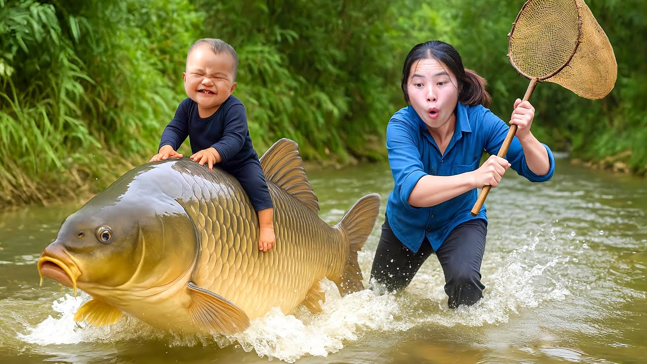 Catching 300+ Monster Carp & Giant Catfish by Hand to Sell at the Market, Buying Milk for my Kids