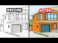 Coloring Modern House with a Garage and a Small Garden |  Modern House Coloring Pages