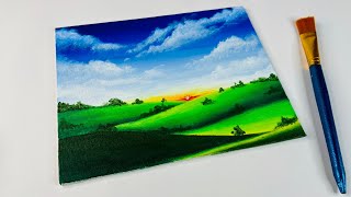 A Beautiful Greenary Landscape & Sun Set - Acrylic Painting | Easy Acrylic painting by Akash