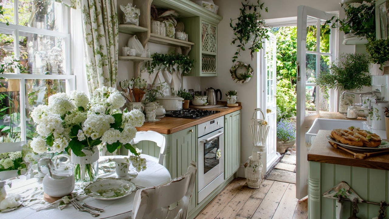 Элегантные романтические идеи для кухни 2026 года | Доступный стиль «шебби-шик» в шалфейно-зелены...