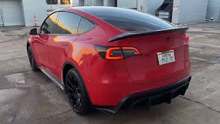 Lava Orange Tesla Model Y Vinyl Wrap With a Body Kit!