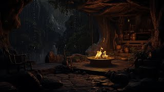 Deep Sleep in a Cozy Rainy Thunder Cave Bonfire Sounds and for Stress Relief - campfire ambience