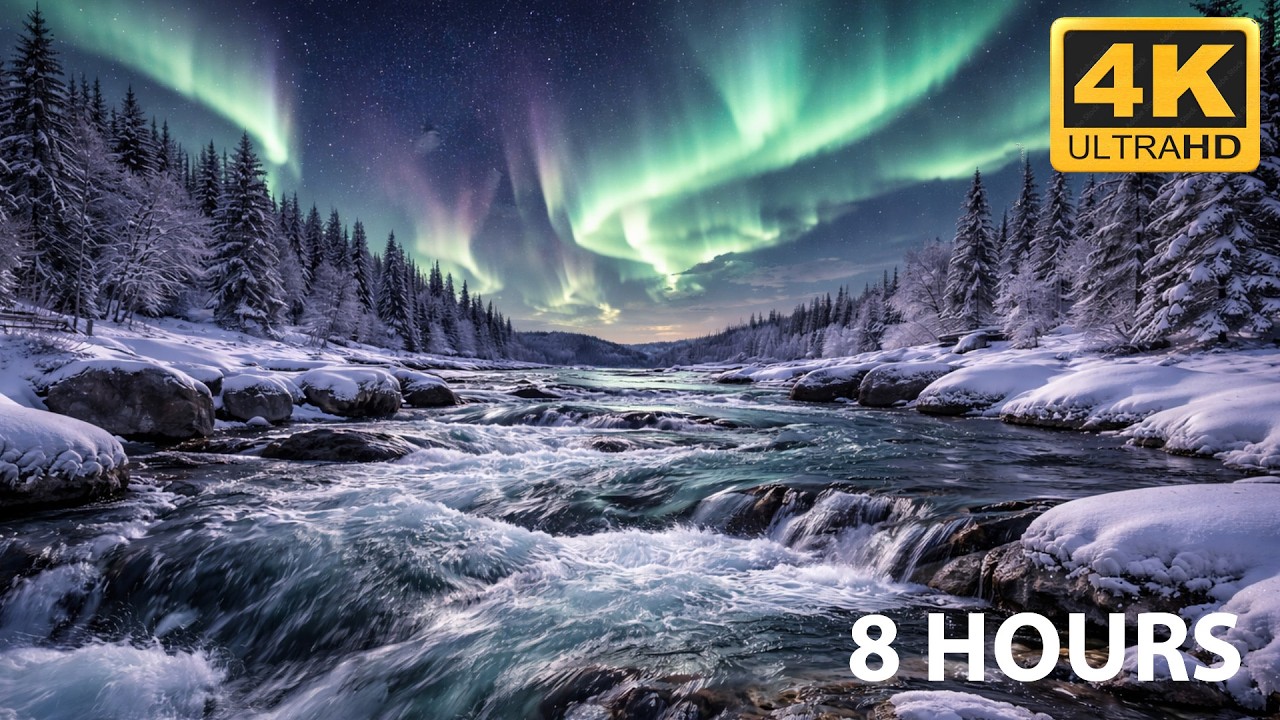 Aurora Borealis Over Flowing River 🌌 4K Northern Lights Sleep Sounds (8 Hours)