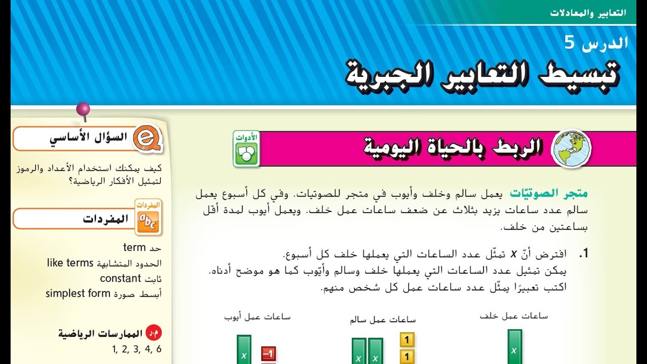 الدرس 5 الوحدة 5 تبسيط التعابير الجبرية للصف السابع