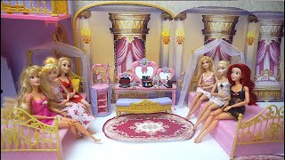 باربي و الأميرات روتين الصباح و اجمل الفساتين  Barbie Princess 6 Sisters Castle Morning Routine